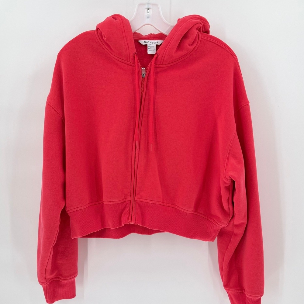 ATHLETA Forever Fleece Cropped Full Zip Hoodie Coral Red Women's Medium